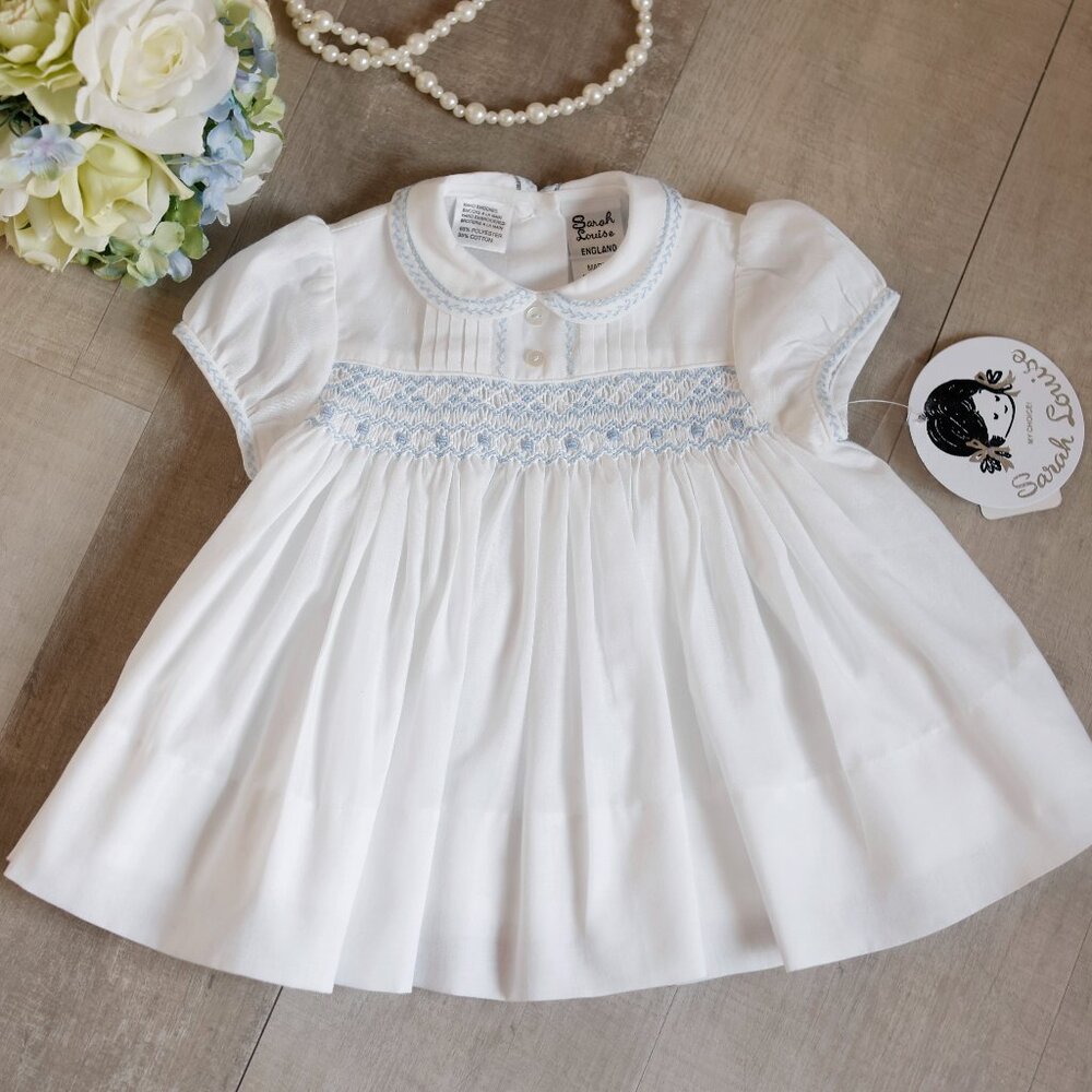 White Smocked Heirloom Dress Blue Embroidery Sarah Louise 3 Months Portrait NWT